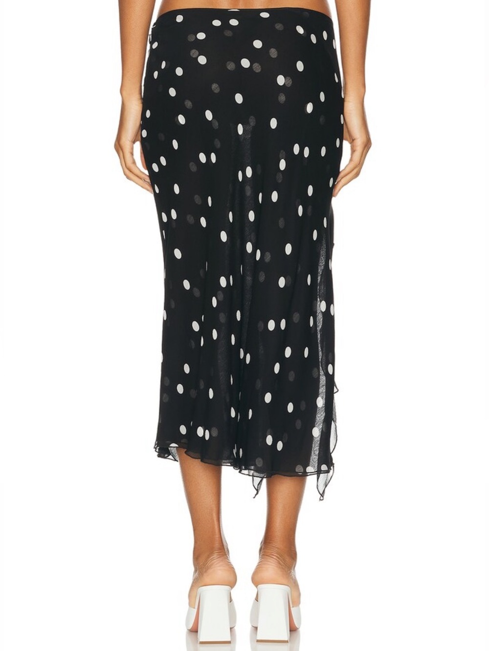 PRISCAVERA Ruffled High Slit Skirt in Black and White Polka Dot - Picture 4 of 9